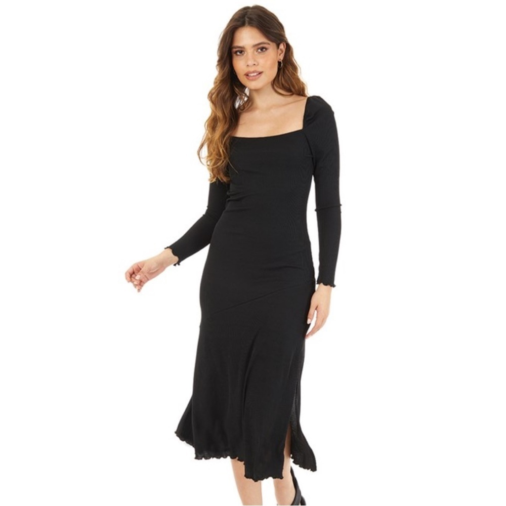 Black Midi Square Neck Ruffle Hem Ribbed Topshop Dress Fairy Whimsigoth Grunge